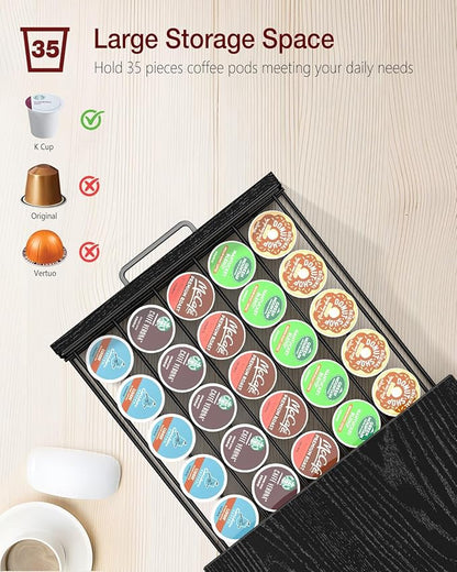 Evermagin Coffee Pod Drawer for K Cup, 35 Pods K-Cup Holder Organizer with Cup Holder, Durable Coffee Maker Stand with Storage Drawer, Black