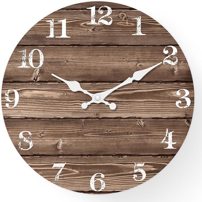 XFM Brown Wooden Wall Clock Battery Operated 14 Inch Rustic Farmhouse Clocks for Walls Silent Wall Clock for Office (No Solid Wood, it is with MDF Material)