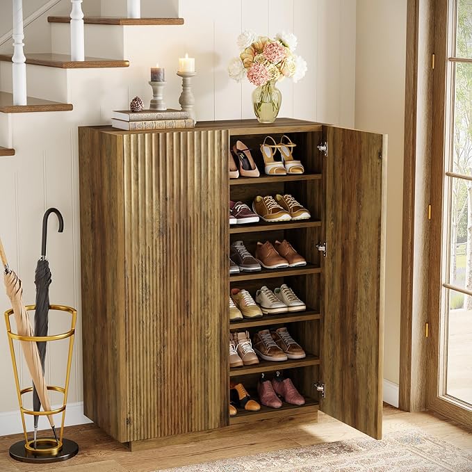 Tribesigns 7-Tier Shoe Cabinet with Fluted Doors, Farmhouse Wooden Shoe Storage Organizer with Adjustable Shelves, 24 Pairs Freestanding Shoe Rack for Entryway, Hallway, Closet, Rustic Brown