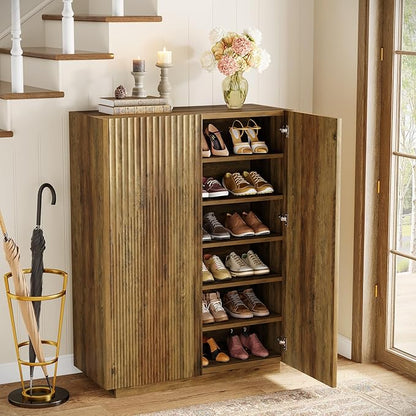 Tribesigns 7-Tier Shoe Cabinet with Fluted Doors, Farmhouse Wooden Shoe Storage Organizer with Adjustable Shelves, 24 Pairs Freestanding Shoe Rack for Entryway, Hallway, Closet, Rustic Brown