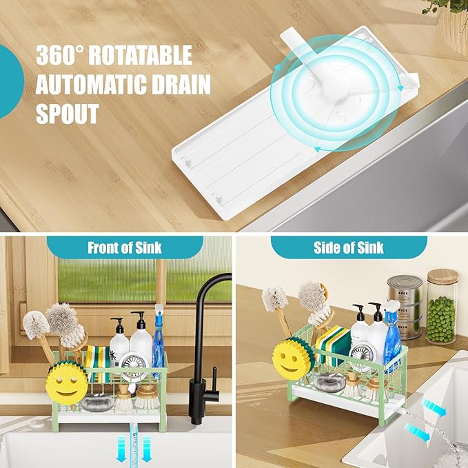 Taugast Sponge Holder for Kitchen Sink with Flexible Sponge Holder Smiley Face,2 Tier Kitchen Sink Organizer Countertop and Storage Essentials,Soap Dispenser Organize,Home Decor Accessories-Green