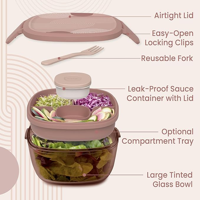 Bentgo Glass Prints Salad Container - 7.6-Cup Tinted Glass Salad Bowl with Airtight Lid, Leak-Proof Sauce Container, 4-Compartment Bento Meal Prep Tray & Reusable Fork (Mod Curve - Desert Rose)