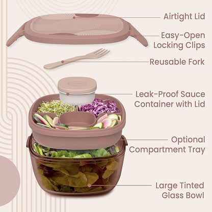 Bentgo Glass Prints Salad Container - 7.6-Cup Tinted Glass Salad Bowl with Airtight Lid, Leak-Proof Sauce Container, 4-Compartment Bento Meal Prep Tray & Reusable Fork (Mod Curve - Desert Rose)
