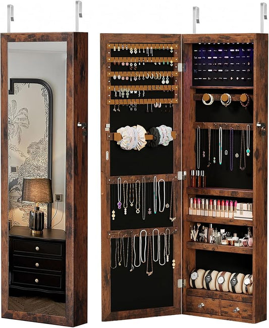 DUMOS Jewelry Armoire Cabinet with Full Length Mirror, 47.2" Wall Mounted or Over the Door Jewelry Organizer with 33 Necklace Hooks, Lockable Large Capacity Jewelry Armoire with Drawers, Rustic Brown