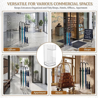 Leinuosen 9 x 9 x 22 Inch Clear Acrylic Umbrella Stand Organizer, Thick Freestanding Entryway Umbrella Holder with Long and Short Compartments, Modern Storage Rack for Home, Office and Lobby