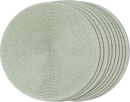 FunWheat Round Braided Placemats Set of 8 Place Mats for Dining Table Woven Washable Non-Slip Table Mats 15 Inch(Fog Green,8pcs)