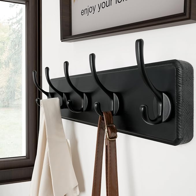 SKOLOO Rustic Wall Mounted Coat Rack, Case of 2, Pine Solid Wood Coat Hook Hanger - 5 Hooks for Hanging Clothes Robes Towels Coats