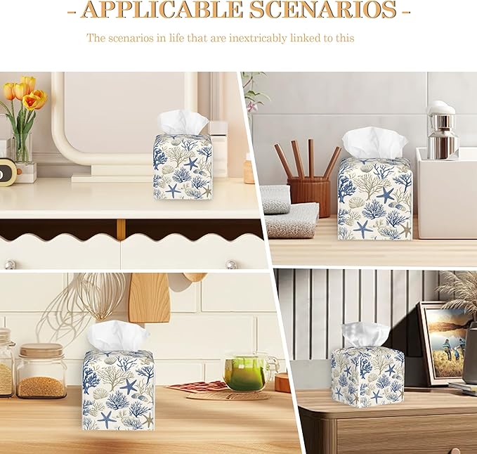 Leather Tissue Box Holder Shells and Starfish Tissue Box Cover Square Waterproof Holder Organizer Modern Napkin Holder for Bedroom Dresser Night Stand Office Desk