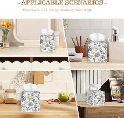Leather Tissue Box Holder Shells and Starfish Tissue Box Cover Square Waterproof Holder Organizer Modern Napkin Holder for Bedroom Dresser Night Stand Office Desk