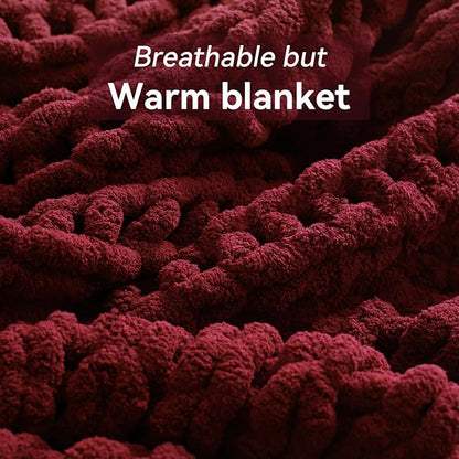 Negwoo Chunky Knit Throw Blanket, 40''*50'' Knitted Throw Chenille Yarn for Bed Couch, Handmade Red Crochet Big Thick Blanket, Machine Washable Cute Comfy Blanket for Home Decor