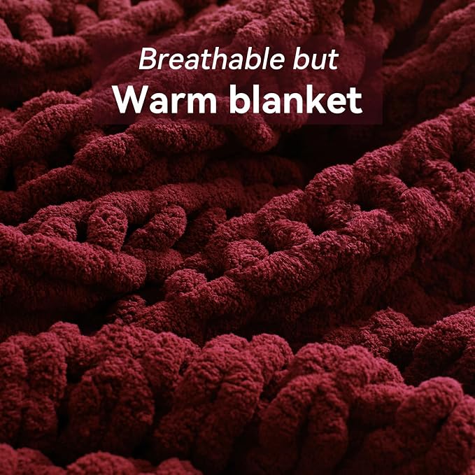 Negwoo Chunky Knit Throw Blanket, 60''*80'' Knitted Throw Chenille Yarn for Bed Couch, Handmade Red Crochet Big Thick Blanket, Machine Washable Cute Comfy Blanket for Home Decor