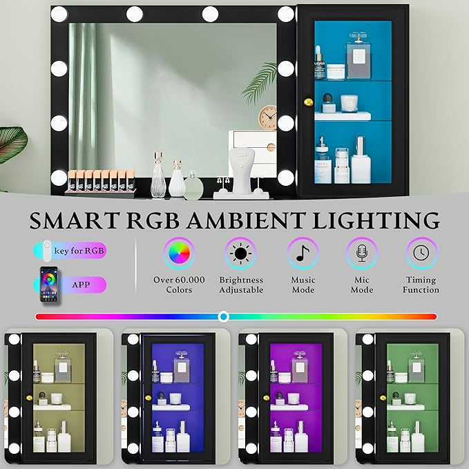 Fluted Vanity Desk with Mirror and Lights, 45" Glass Top Makeup Table Set with 5 Drawers, Power Outlet & Storage Cabinet, Large Dressing Table with RGB Ambient Light for Bedroom Women Girls, Black