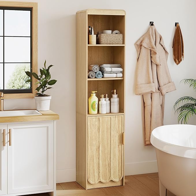 ORRD Narrow Tall Bathroom Storage Cabinet, Freestanding Storage Cabinet with Open Storage Compartments and Adjustable Shelf for Small Space, Bathroom, Living Room, Kitchen, (Natural)