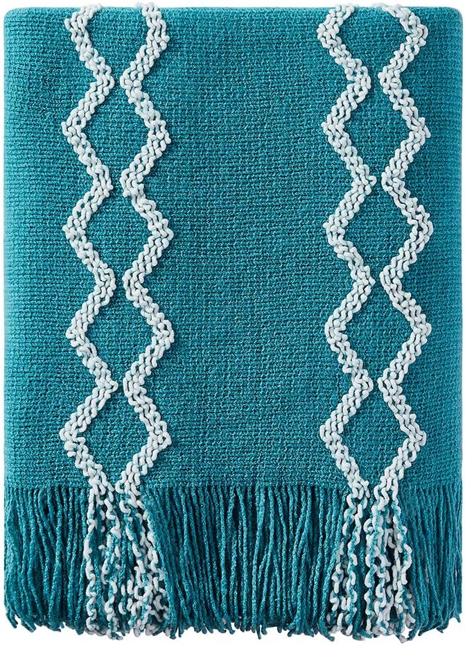 BOURINA Fluffy Chenille Knitted Fringe Throw Blanket Lightweight Soft Cozy for Bed Sofa Chair Throw Blankets Teal 60" x 80"