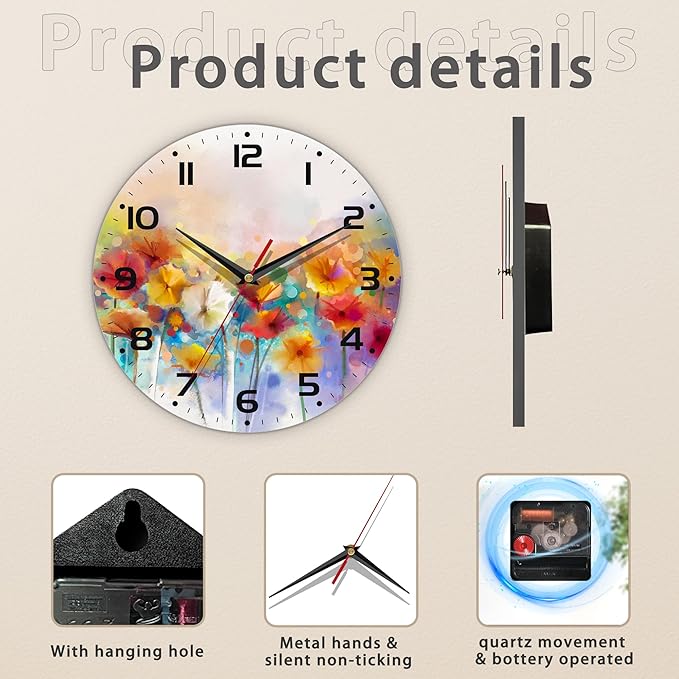 Clock for Living Room, Vintage Wild Floral Wall Clock Vintage Wooden Wall Clock Silent Non-Ticking Battery Operated Arabic Numerals Wall Clocks Decorative for Kitchen, Office, Classroom 10 Inch