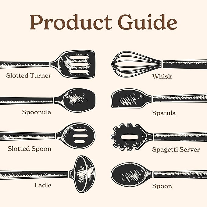 Country Kitchen Non Stick Silicone Utensil Set with Rounded Wood Handles for Cooking and Baking, 8 Piece Set, Black
