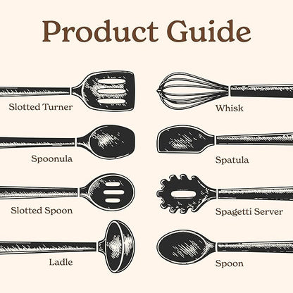 Country Kitchen Non Stick Silicone Utensil Set with Rounded Wood Handles for Cooking and Baking, 8 Piece Set, Black
