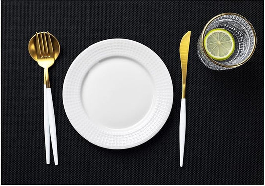 LEXMORE Placemats Set of 6 Vinyl/Plastic Woven Place Mats for Kitchen Table Indoor/Outdoor Washable Placemat Wipeable Dining Table Mats(Black)