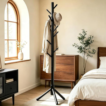 Wooden Coat Rack Freestanding with 8 Hooks & 3 Adjustable Sizes for Clothes, Space-Saving Design for Bedroom Office Entrance Holds Hats Coats Scarves Bags