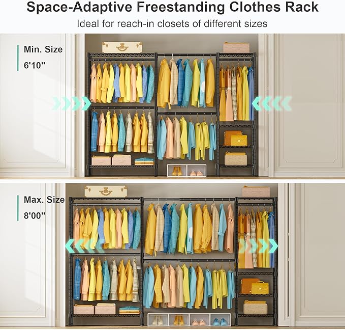 SEMHOR E01 Expandable Heavy Duty Clothes Rack, Free Standing Closet System Organizer, Adjustable Portable Carbon Steel Garment & Clothing Racks for Hanging Clothes (72.5-96"), 800LBS Max Load, Black