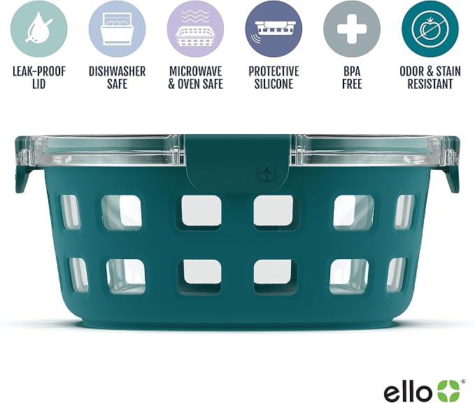 Ello Duraglass Meal Prep Container, 7 cup- Glass Food Storage Container with Silicone Sleeve and Airtight BPA-Free Plastic Lid, Dishwasher, Microwave, and Freezer Safe, Watercress