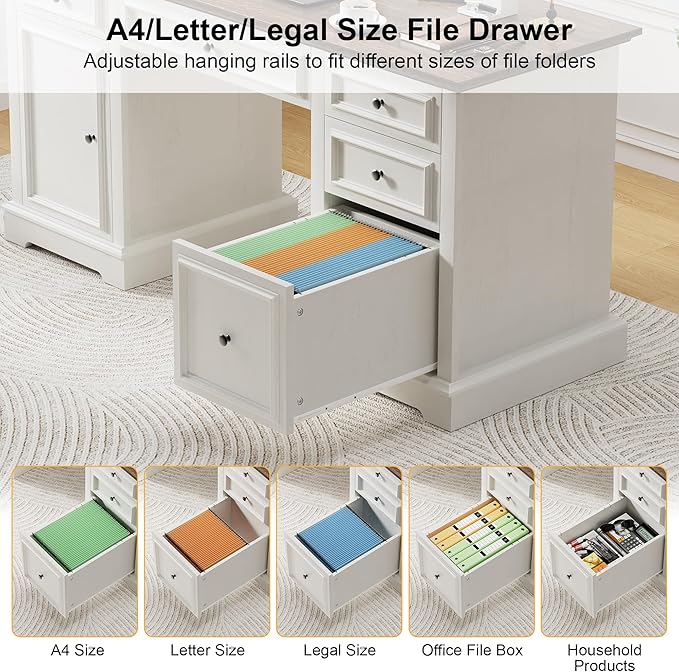 Vipbear 60" Farmhouse Executive Desk with Drawers and Cabinet, Embossed Texture Wood Home Office Desk, Rustic Computer Writing Desk, Workspace for Work Study Writing, White
