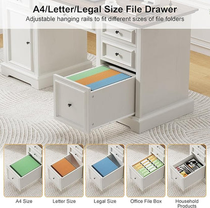 Vipbear 60" Farmhouse Executive Desk with Drawers and Cabinet, Embossed Texture Wood Home Office Desk, Rustic Computer Writing Desk, Workspace for Work Study Writing, White