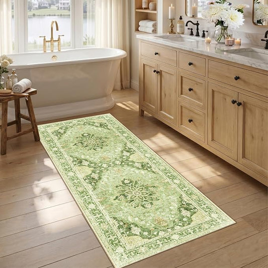 RELEANY Area Rugs Runner 2'6"x5' Washable Non-Slip, Floral Vintage Distress Medallion Carpet for Kitchen Hallway Bedroom Beside Laundry Room Bathroom, Sage Green Yellow