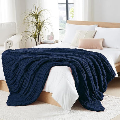 L'AGRATY Chunky Knit Blanket Throw: 72''x84'' Chenille Chunky Knitted Throw Blankets for Bed Couch - Handmade Thick Big Cable Knit Blanket - Large Crochet Blankets for Home Decor(Navy Blue)