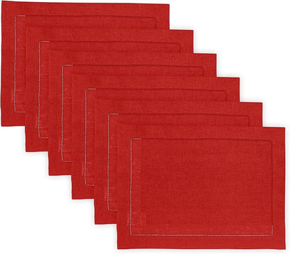 Solino Home Linen Cloth Placemats Set of 6-100% Pure Linen Hemstitch Red Placemats 14 x 19 Inch - Classic Hemstitch Table Place Mats for Valentines, Winter
