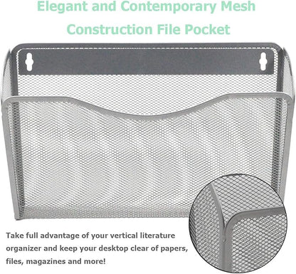 EASEPRES 3 Single Pocket Mesh Hanging File Organizer, Vertical Wall Mounted Magazine File Holder, Mount Basket Mail Paper Document Folder Organizing for Office, Home and School, Silver