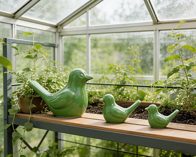 Artconal Small Green Bird Statue Ceramic 2-Piece Set, 3¾ inch Cute Knick Knack for Home Office Shelf Desk Decor