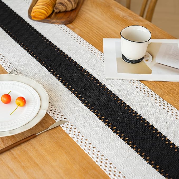 FEXIA Boho Table Runner for Summer Home Decor with Tassels 72 Inches Long Farmhouse Rustic Black Gothic Table Runner Macrame Gothic Burlap Table Decoration for Kitchen Living Room (12x72 Inches)