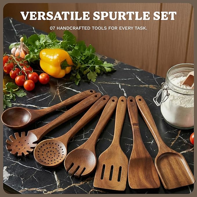 Wooden Spoons for Cooking – 7-Piece Acacia Wood Kitchen Utensil Set, Wooden Spurtles & Paddle Tools, Nonstick Safe Cooking Utensils Set Wood for Everyday Kitchen Use