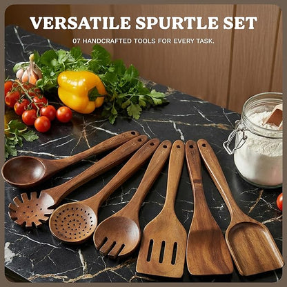 Wooden Spoons for Cooking – 7-Piece Acacia Wood Kitchen Utensil Set, Wooden Spurtles & Paddle Tools, Nonstick Safe Cooking Utensils Set Wood for Everyday Kitchen Use