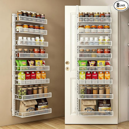 Over the Door Pantry Organizer 8 Tier Hanging or Wall Mounted Spice Rack with Adjustable Basket,Heavy Duty Metal Seasoning Organizer Shelf for Kitchen Pantry and Bathroom