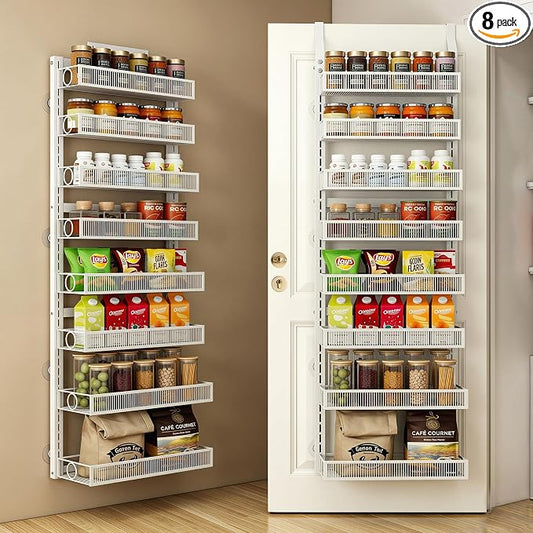 Over the Door Pantry Organizer 8 Tier Hanging or Wall Mounted Spice Rack with Adjustable Basket,Heavy Duty Metal Seasoning Organizer Shelf for Kitchen Pantry and Bathroom