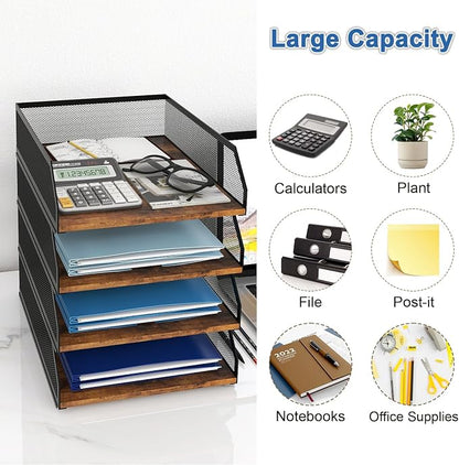 Natwind 4-Tier Stackable Paper Tray, Retro | Metal Mesh, Wood Board, Desktop Organizer, For Home, Office, School