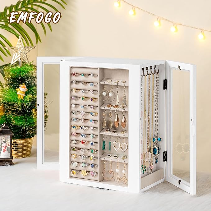 Emfogo 360° Rotating Jewelry Box for Women, Vintage Wooden Large Jewelry Organizer with 5 Drawers, Glass Doors, Vertical Open Design Jewelry Organizers and Storage for Earring Ring Necklace Bracelet