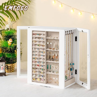 Emfogo 360° Rotating Jewelry Box for Women, Vintage Wooden Large Jewelry Organizer with 5 Drawers, Glass Doors, Vertical Open Design Jewelry Organizers and Storage for Earring Ring Necklace Bracelet