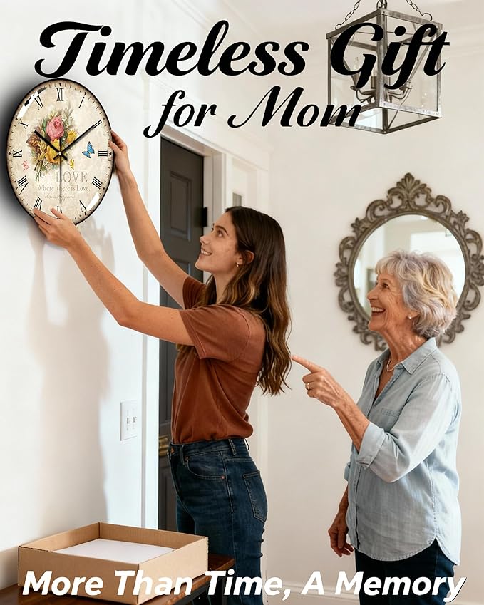 Decorative Wall Clocks Batterys Operated, Retro Wall Clock with Glass Dial, 12-Inch Dial with Roman Numerals, Silent and No Ticking, Suitable for Living Room, Bedroom, Dining Area, Workspace
