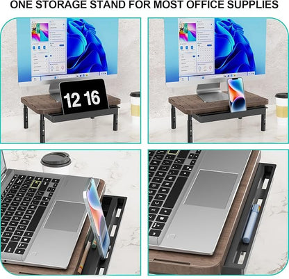 WALI Plastic Computer Monitor Stand with Storage, Desk Monitor Riser 3 Height Adjustable, Laptop Riser with Airflow Vents, Desk Organizer for Computer, Laptop, Printer (PTT002-C), 1 Pack, Brown