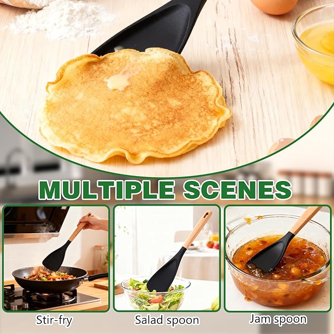 2Pcs Cedar and Ash Spoon, Multifunction Spatula Cooking Spoon, Heat Resistant Rubber Silicone Spatula Spoon with Wooden Handle, for Cooking, Serving, Stirring, Scooping, Scraping (Black)
