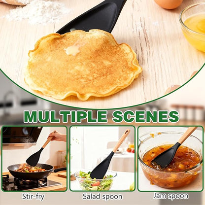 2Pcs Cedar and Ash Spoon, Multifunction Spatula Cooking Spoon, Heat Resistant Rubber Silicone Spatula Spoon with Wooden Handle, for Cooking, Serving, Stirring, Scooping, Scraping (Black)