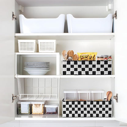 2-Pack Checker Pattern Woven Bins, 16” Ribbon Metal Wire Desk Organizer, Drawer Dresser Baskets, Countertop Toilet Paper Storage Containers (Black & White)