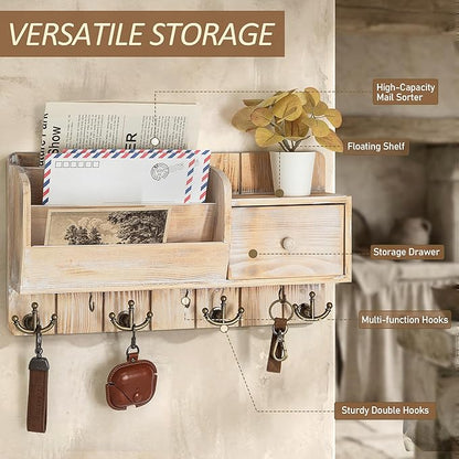 Rebee Vision Pine Wood Key Holder Wall Mount with Mail Sorter - Decorative Entryway Mail Organizer Wall Mounted with Key Hooks and Drawer Organizer - Home Essentials for Room Decor (Natural Wood)