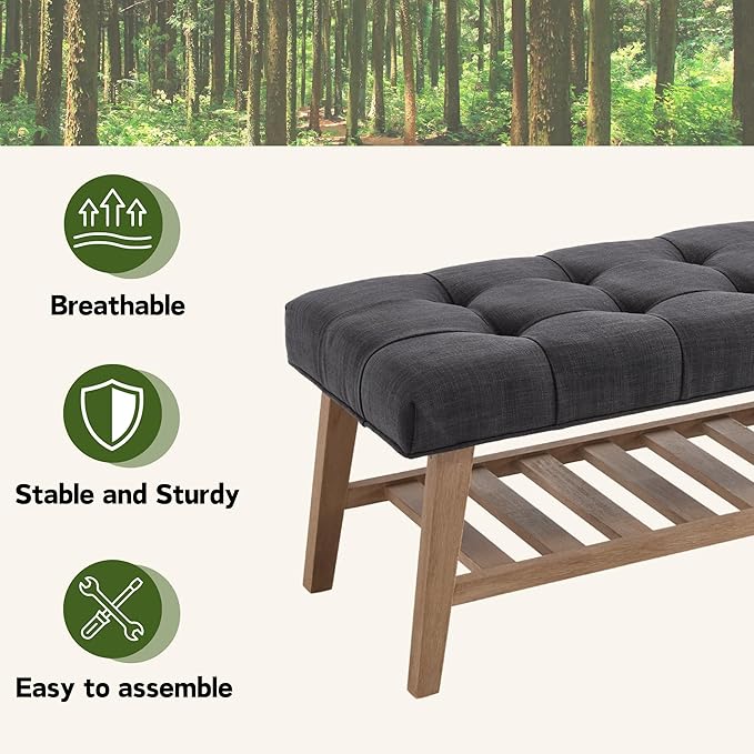 Entryway Shoe Bench Storage Benches with Upholstered Button Tufted Seat and Open Slatted Shelf Linen Ottoman Bench for Hallway Living Room Bedroom End of Bed, Charcoal