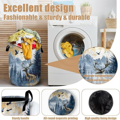 Misty Forest Deer Laundry Basket, Foldable Waterproof Laundry Hamper Tote Bag Dirty Clothes Storage Bucket Toy Organizer for Bathroom/Laundry/Bedroom 15.7"x19.6"
