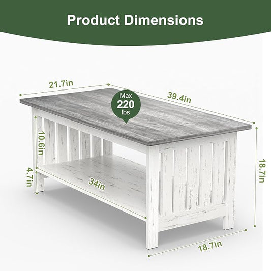 YOSHOOT 39.4" Farmhouse Coffee Table, Small Coffee Tables for Living Room | Grey, 2 Tier Coffee Table with Storage, Tea Table for Living Room Bedroom Small Space