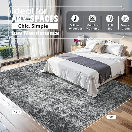9x12 Area Rugs for Living Room Rug Washable: Abstract Large Rug for Dining Room Bedroom Carpet Non Slip 9 by 12 Indoor Modern Nursery Home Office Black Grey
